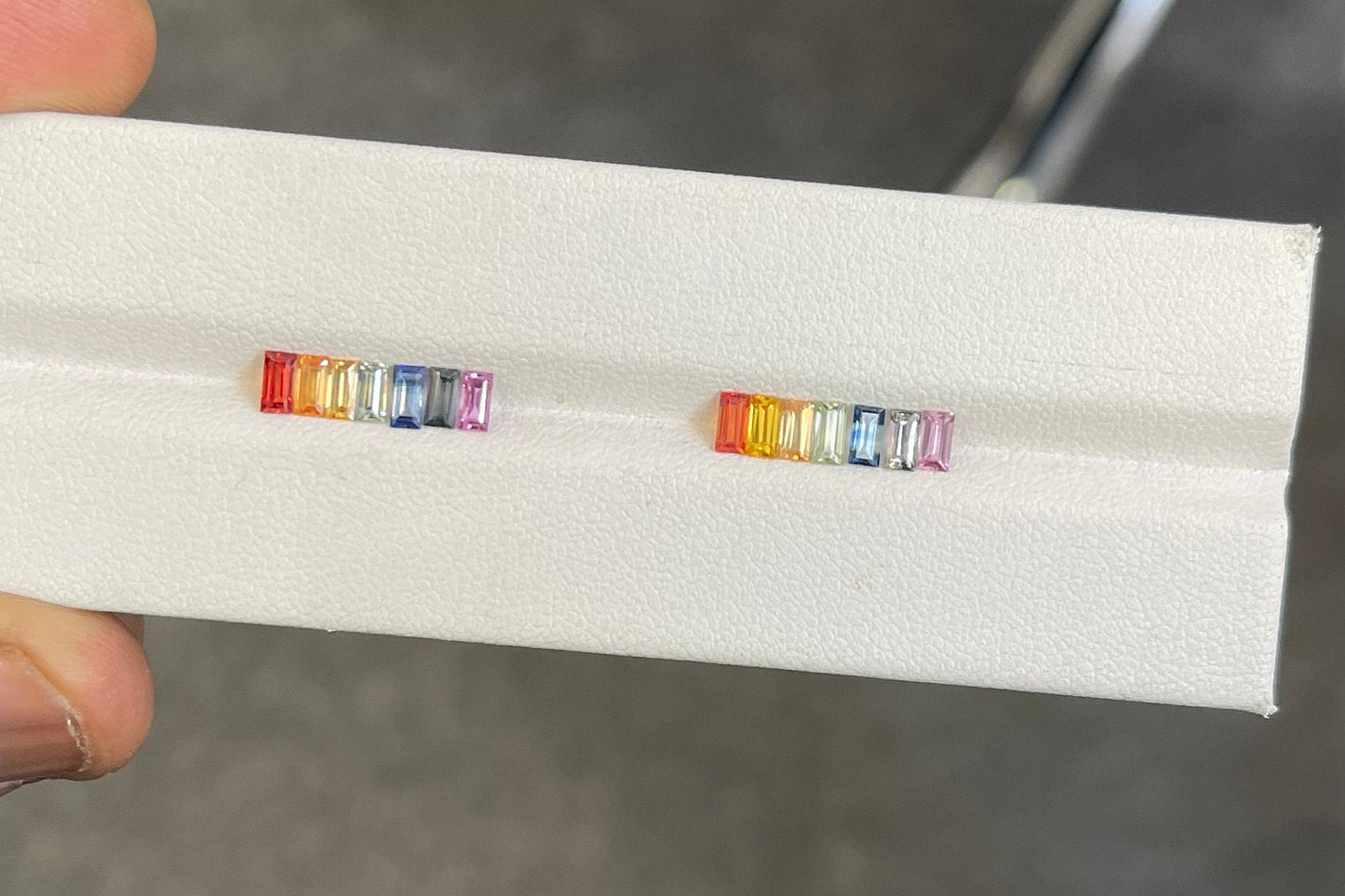 4x2mm rainbow sapphire baguette earrings, photo 2