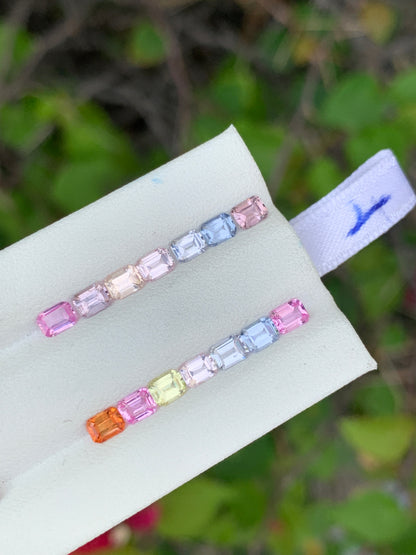 Pastel sapphire emerald cut calibrated set matched layout for ring making