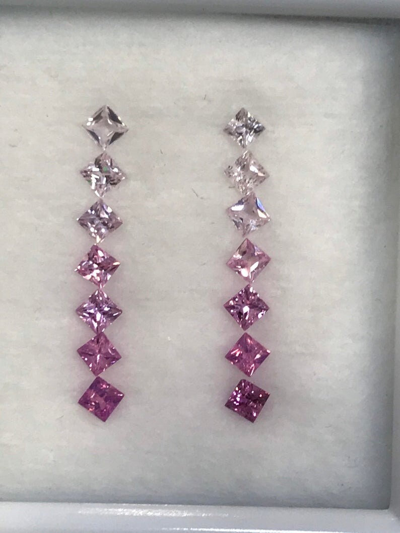 2.3mm Fancy Pink Sapphires Light to dark Pink Square Princes cut Earring Set 14 Stone