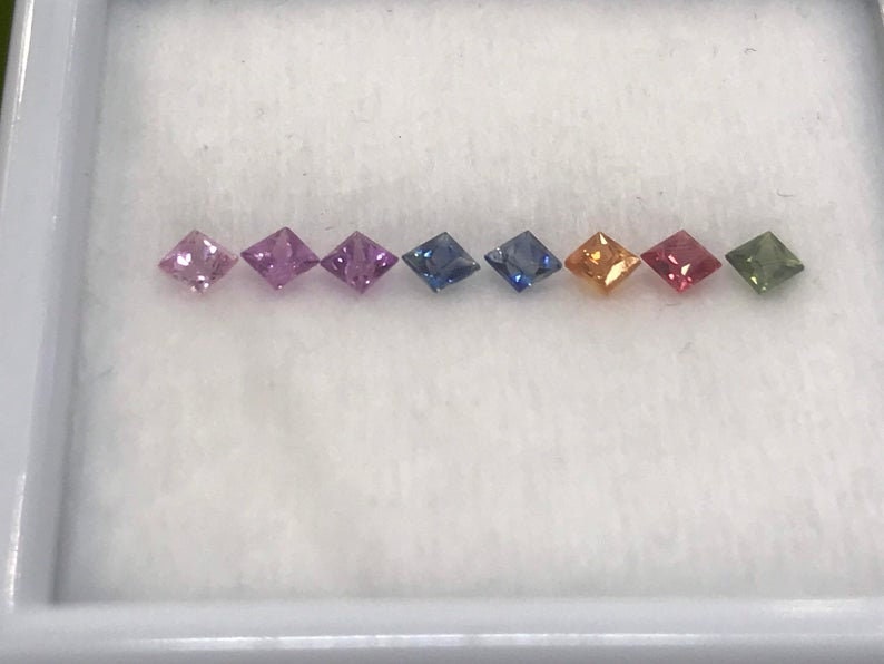 2.3mm Fancy Rainbow sapphires Square Princes cut Ring Set 8 Stone