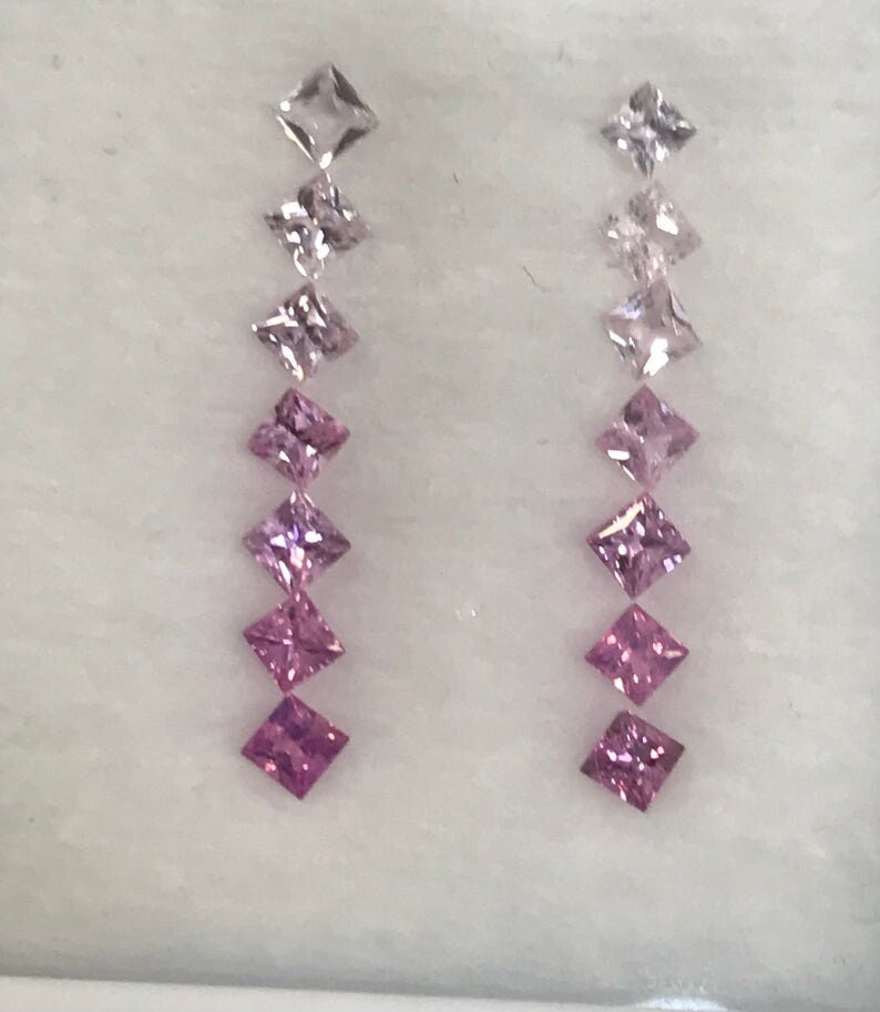 2.3mm Fancy Pink Sapphires Light to dark Pink Square Princes cut Earring Set 14 Stone