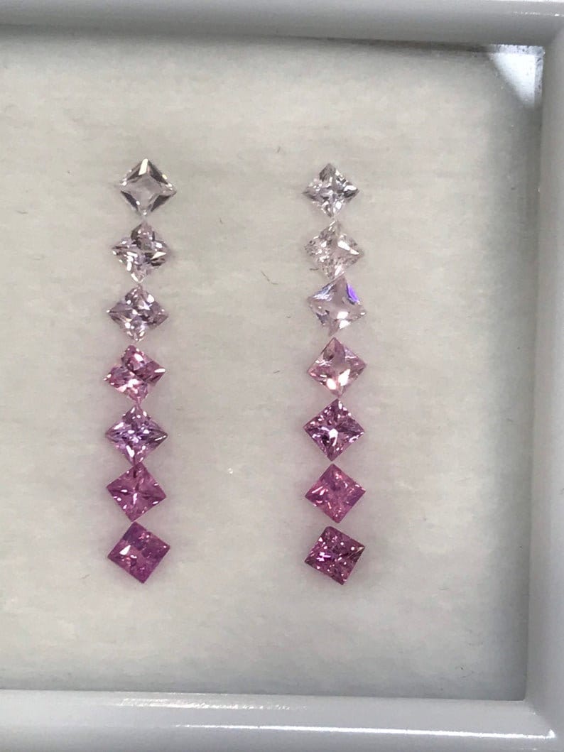 2.3mm Fancy Pink Sapphires Light to dark Pink Square Princes cut Earring Set 14 Stone