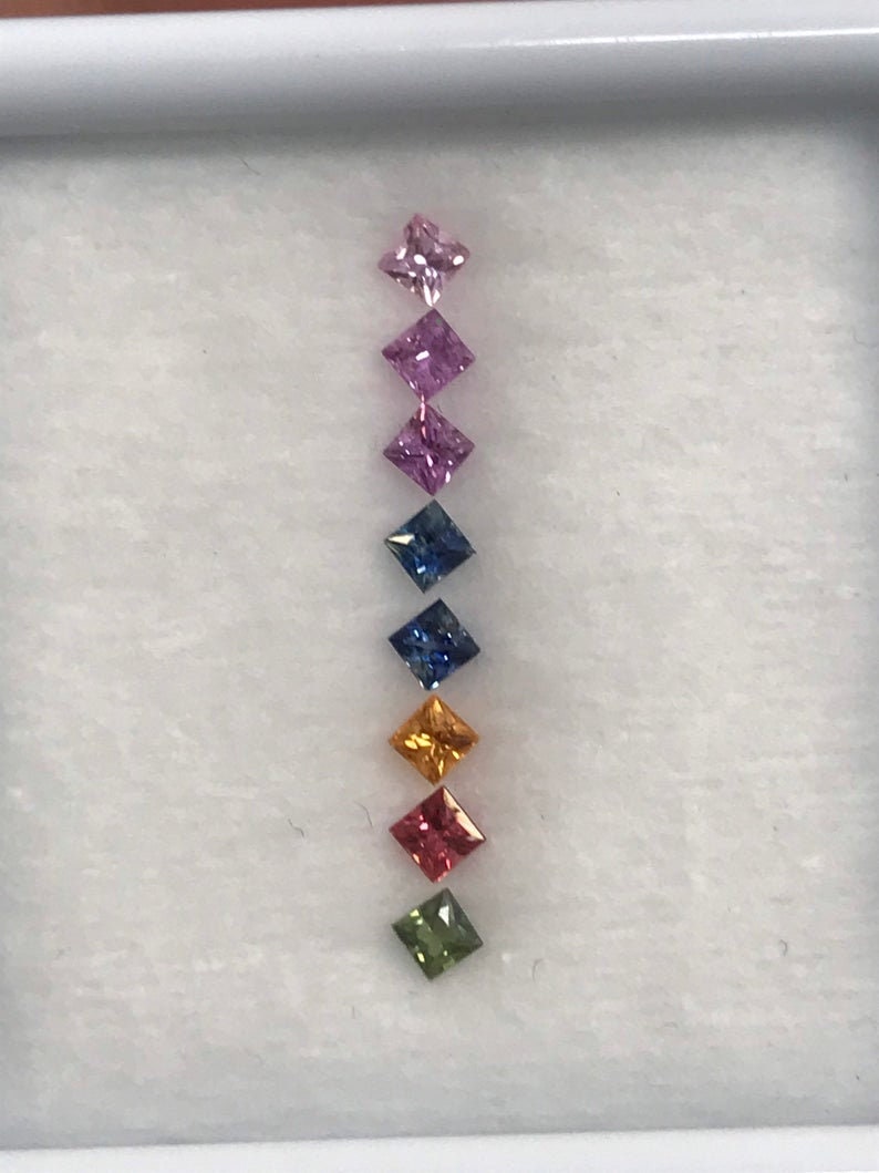 2.3mm Fancy Rainbow sapphires Square Princes cut Ring Set 8 Stone