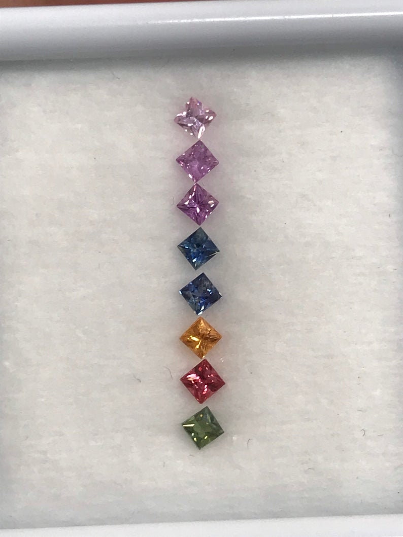 2.3mm Fancy Rainbow sapphires Square Princes cut Ring Set 8 Stone