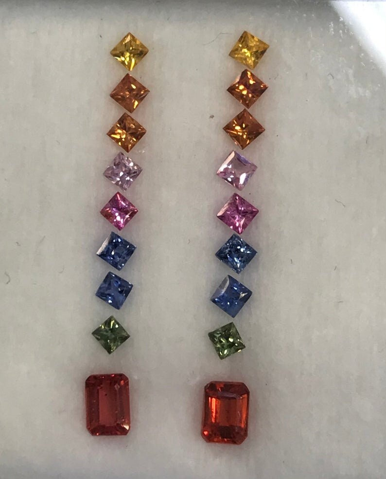 2mm Fancy Rainbow sapphires Square Princes Emerald cut Earring Set