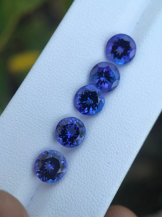 7.5MM • 8.98 CARATS • 5 Stones• NATURAL TANZANITE • Round Cut • Loop Clean • Royal Blue • Excellent Cut • December Birthstone