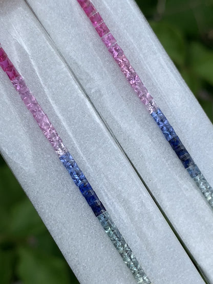 Natural Rainbow Sapphire 2.1mm Princess Cut Tennis Bracelet Set – 78 Matched Stones, 5.44 Carats
